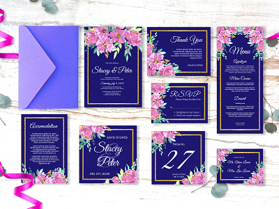 wedding invitation set (purple flower watercolor)