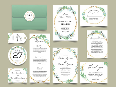 modern geometric with watercolor greenery wedding invitations
