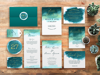 green watercolor abstract wedding invitation