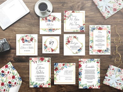 watercolor floral hand drawn ( wedding invitation set, pattern)