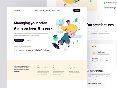 Retjeh - Sales Management Landing Page 📊 analytics app chart design illustration infographic landing page management minimal saas saas landing page sales sales management ui ux web