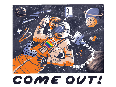 Space Illustration - Coming Out as an LGBT+ Person astronaut character design charity campaign closet clothes coming out cosmonaut digital illustration graphic design illustration jeans lgbt lgbt right planets pride space space illustration stars t-shirt telephone