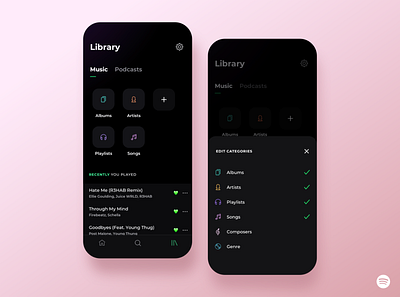 Spotify Redesign [Part 3: Library] app appdesign application categories designagency edit icons illustration library music musicapp redesign settings ui spotify spotifyredesign ui ux uxdesign uxdesigner webdesign