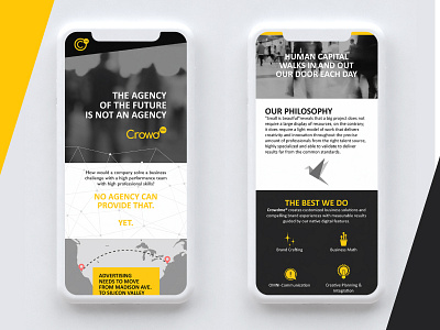 CrowdMe app black and white brand design flat graphic illustration look and feel minimal mobile particules type typography ui ux vector web web design website yellow