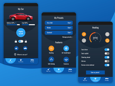 Car Control App app automobile brand branding car control dashboard design features flat graphic heating key minimal mobile typography ui ux vector web