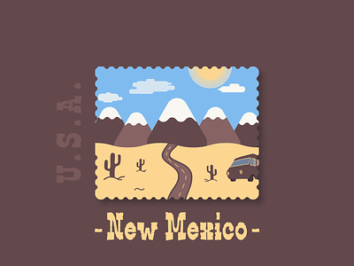 New Mexico Stamp camper desert flat icon illustration mountains new mexico stamp vector