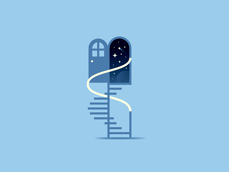 Stairway to the stars steps rail window door galaxy outerspace space spot illo staircase spiral stars