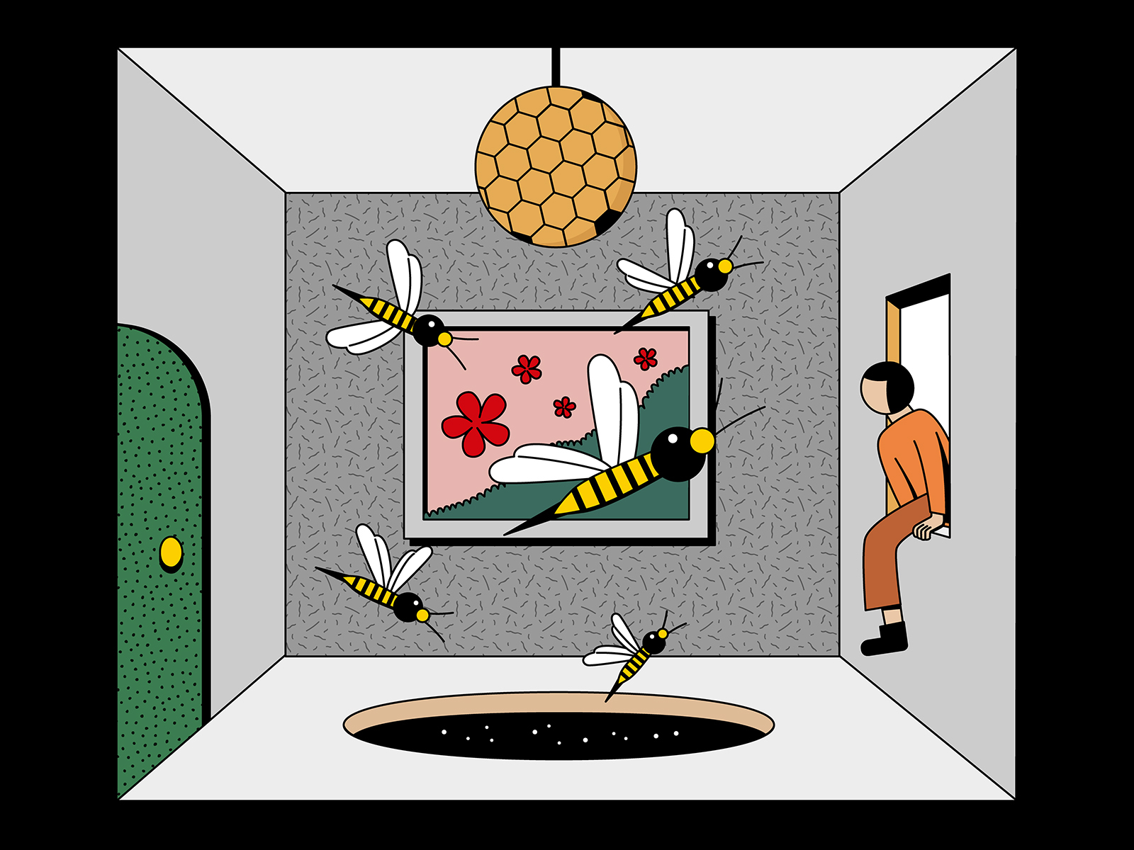 Escape-Hornet 2020 character danger design disaster disaster relief door escape escape room graphics health hornets human illustration illustrator indoor life room rooms vector