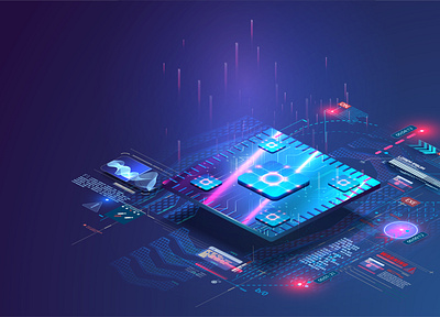 Microchip processor with lights effect. Cybernetic system CPU abstract ai architecture artificial chip cloud component computer concept cpu data digital isometric microchip processor semiconductor tech technology