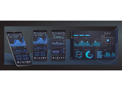 Dashbord UI mobile app template on trendy modern background 3d advertising analysis analytics app bitcoin dashboard data digital forex interface kit signal trade ui