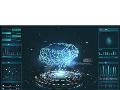Futuristic car user interface. HUD UI abstract achievement analysis app application auto automobile automotive autonomous car data design display electronics engine futuristic game speedometer tachometer vehicle