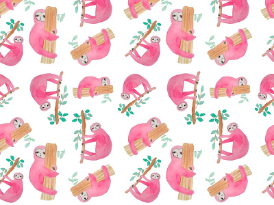 pink sloths pattern in watercolor illustration pattern watercolor