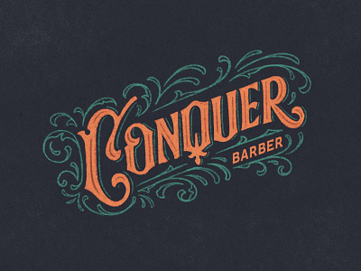 Conquer Barber design distressed illustration lettering logo logotype raw type typography vector victorian vintage