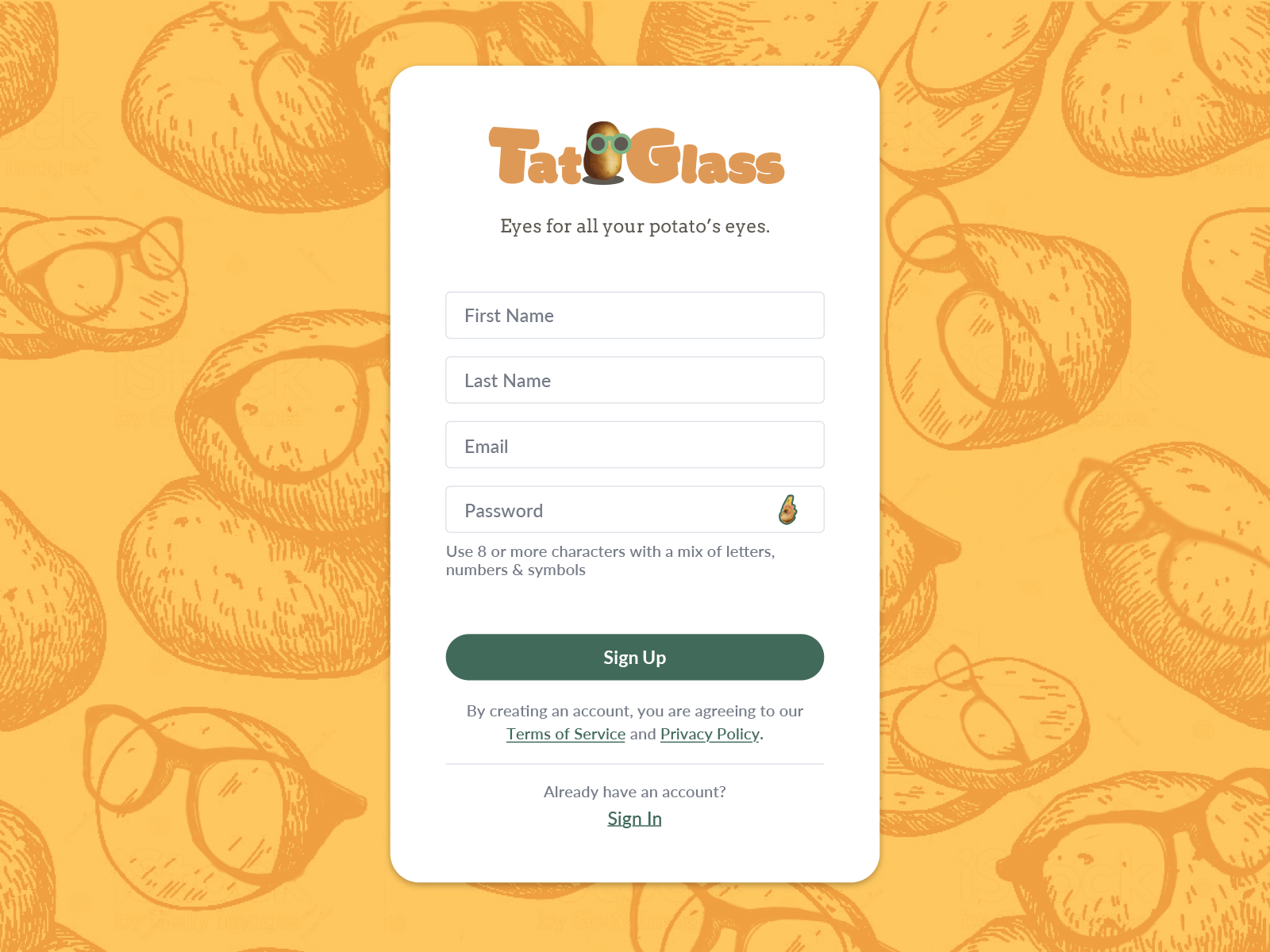 TatoGlass Sign Up dailyui dailyui 001 glasses odd jokes potato user interface