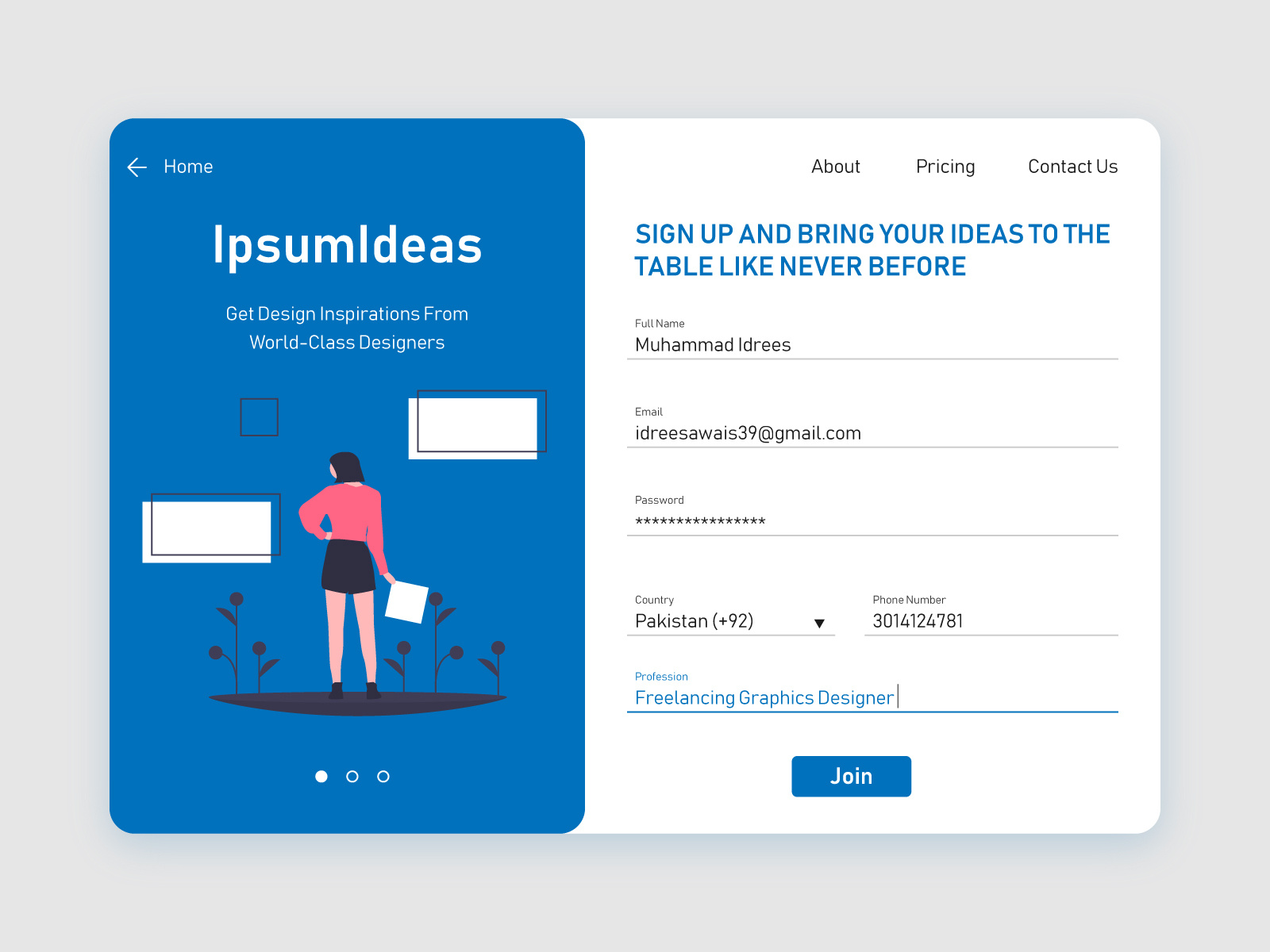 Ipsum Ideas SignUp Page by Muhammad Idrees on Dribbble
