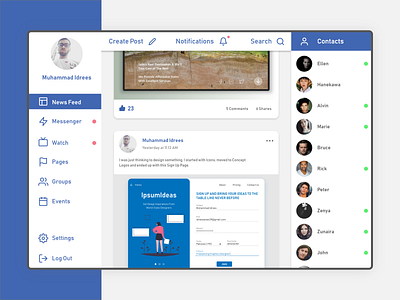 Facebook Concept Design adobe xd app branding concept concept design dashboard design facebook flat illustration minimal social media ui ux vector web website