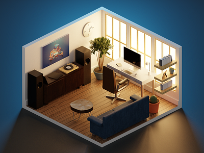 Polygon Runway: Home Office blender cactus chair coffee table computer couch desk home office illustration interior design isometric lighting modeling polygon runway records stereo texture tutorial warm windows
