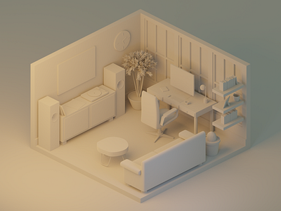 Home Office: Model Detail blender cactus chair clay render couch design desk home office illustration isometric lighting modeling office polygon runway records stereo tree windows