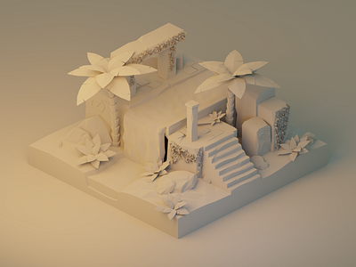 Ancient Ruins: Model Detail ancient blender cave clay render illustration isometric lighting lowpoly magic modeling palm trees polygon runway ruins stairs temple vines water