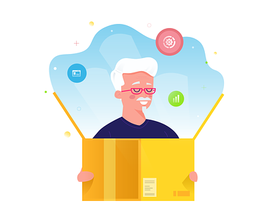 Out of the box service box character color colorful flat gentleman glasses illustration man services yellow