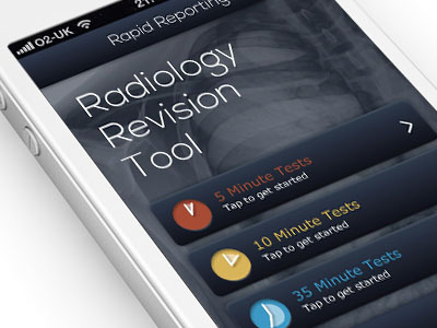 Radiology Revision Tool blue interface iphone learning medical mobile navy radiology red revision tests timed training ui xray yellow