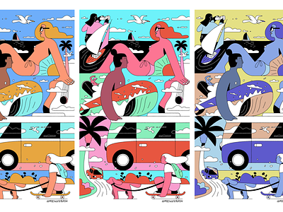 IT'S HEATING UP childrens book dog editorial illustration illustration skating summer surf surfing vector
