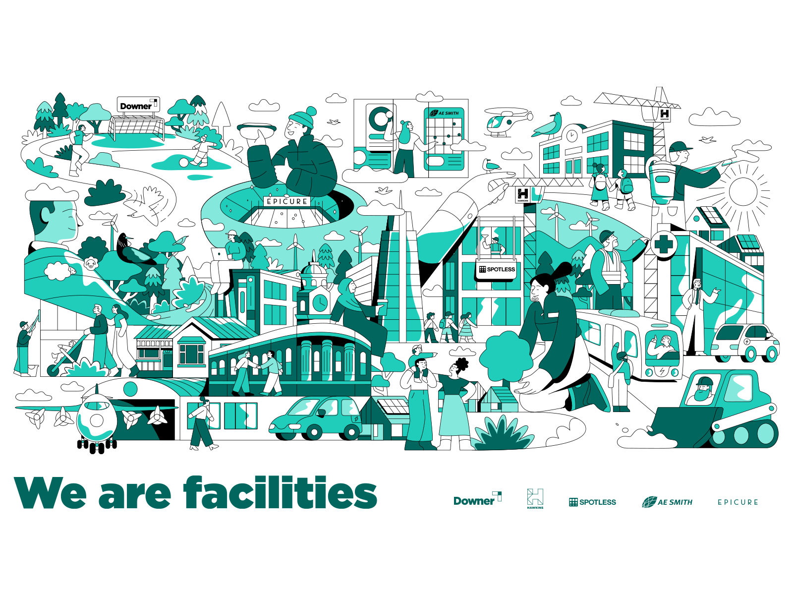 DOWNER 'WE ARE FACILITIES' birds character design children construction data design editorial illustration illustration maori mural new zealand solar vector