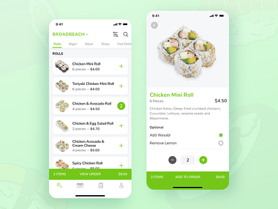 Sushi Train - Whats on the menu? app cards cart clean design food green mobile mobile ui sushi tabs ui ux