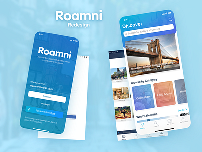 Roamni Redesign app audio blue clean map mobile redesign tour ui uiux ux