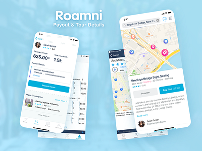 Roamni Redesign - Payouts & Tours app before and after blue bottom sheet clean design map mobile tours ui ux