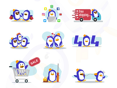 Illustrations for Social E-Commerce bird cartoon character colourful corporate cute ecommerce illustration inspiration mascot penguin social