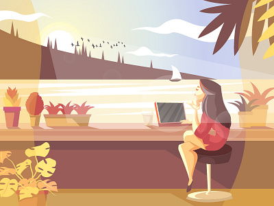 Young Woman Sitting On Balcony balcony beautiful birds branding colours cute evening illustration inspiration laptop morning plants professional sightseeing sky ui vector woman portrait working young