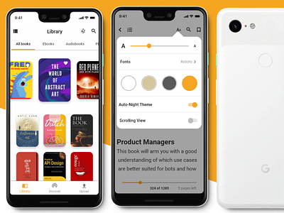 eBook book app book shop dark mode design ebook ebook cover ebooks education google google pixel google pixel 2 mockup notch pixel 2 xl readers reading mode ui