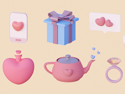 3D icons set 3d 3d icons gift heart love lowpoly phone ring st valentines teapot