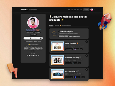 Contra Dark Mode Redesign app cards dark mode freelancing profile page projects ui webapp website
