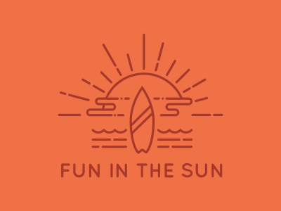 Fun In The Sun beach clouds logo ocean sun sun beams surf surfboard water waves