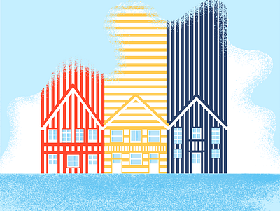 Costa. aveiro beach blue clouds houses illustration pattern portugal sea stripes textured vector