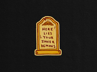 Here Lies Your Inner Demons badge design demons distressed gravestone headstone ink logo primary colors retro vintage