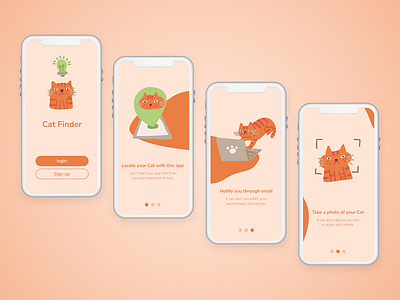 Cat Finder On-boarding UI Application app app design application cat cat finder character design concept flatdesign icons8 mobile app onboarding onboarding screen ouch tracker ui ux