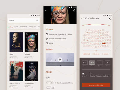 Documentary cinema ticket app by Nadezhda Akgiun afiche android app android app design android app development android design app design button cinémas documentary e ticket material design card movie app online cinema product design redesign redesign concept selector ticket booking ux design woman