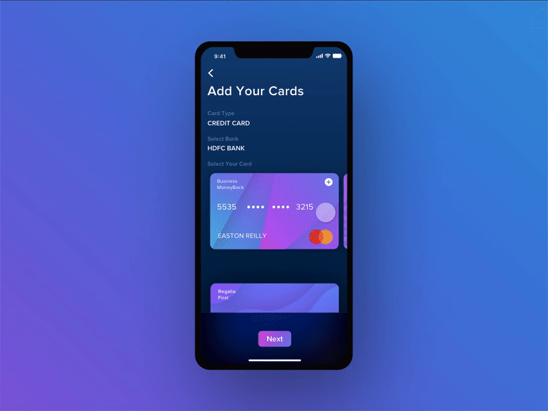 Add Card Interaction for wallet App add card animation app bank bank card credit card design finance finance app gradients ios mobile payment ronak chhatwal ui ux video virtual card wallet wallet app