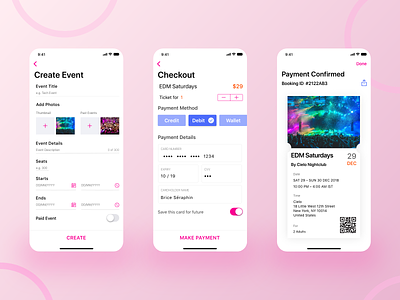 Create Event, Checkout & Ticket Slice app checkout form clean create event details event app finance ios mobile payment payment form qr code ronak chhatwal select payment ticket design ticket page ticketing ui ux wallet