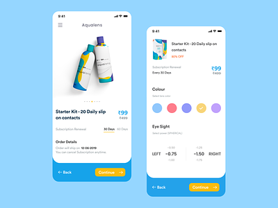 Aqualense - Redesign | Branding | e commerce app add to cart app blue branding clean color ecommerce ecommerce app ecommerce design ecommerce shop illustraion ios mobile picker ronak chhatwal selector shop subscription ui vector