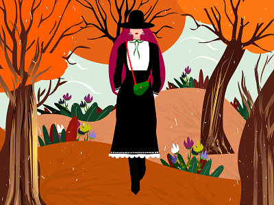 Fashion girl in black dress on autumn background.