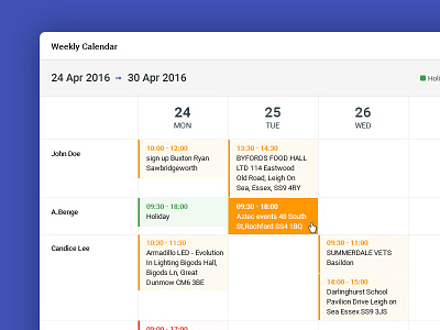 Weekly Calendar calendar design events flat legends material colors schedule team schedule ui ux week widget