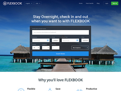 Flexbook booking design flat grid hospitality hotel resort search site travel ui web