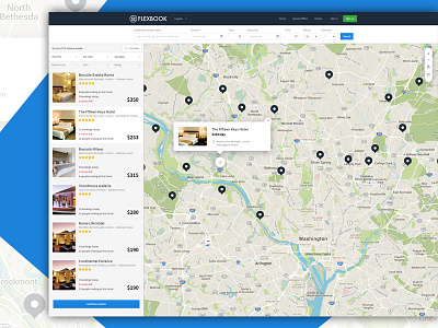 Flexbook Map view booking design detail hospitality hotel location map resort room search ui web