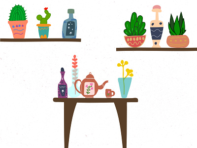Plants and Bottles 2dillustration bottles design flowers ill illustration illustrator plants table teapot vector