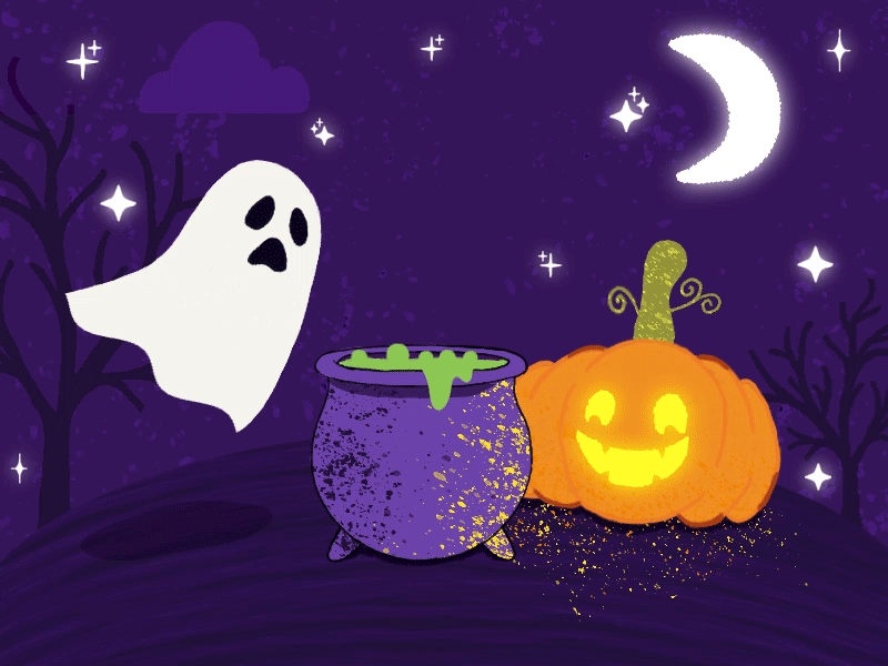 Halloween 2d animation animation boiling cauldron character ghost gif halloween halloween gif illustration light loop moon pumpkin spooky stars tree
