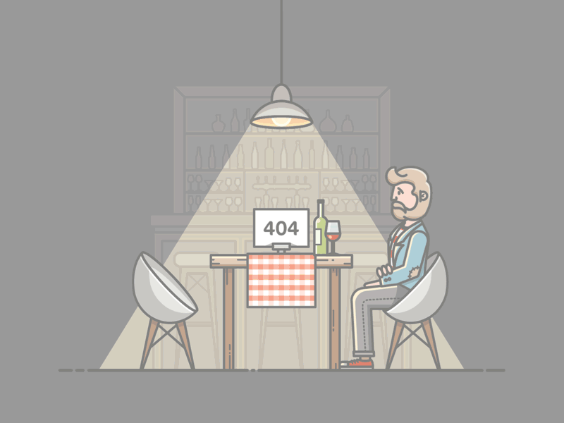 The only visitor 2d 404 animation bar character dark date fly illustration restaurant